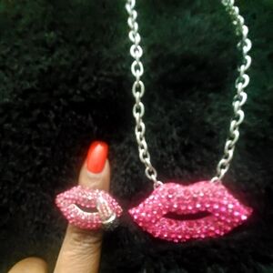 Pink Lip Pendant Necklace and Ring Set